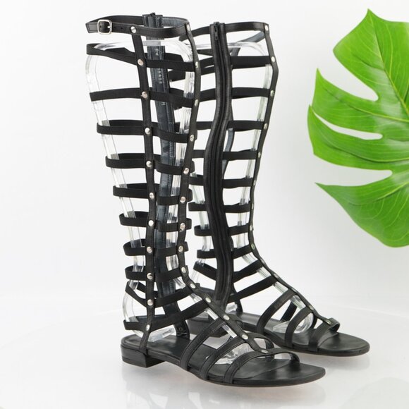 Stuart Weitzman Womens Gladiator Sandal Size 6.5 Tall Black Leather Strappy Shoe - Picture 1 of 14